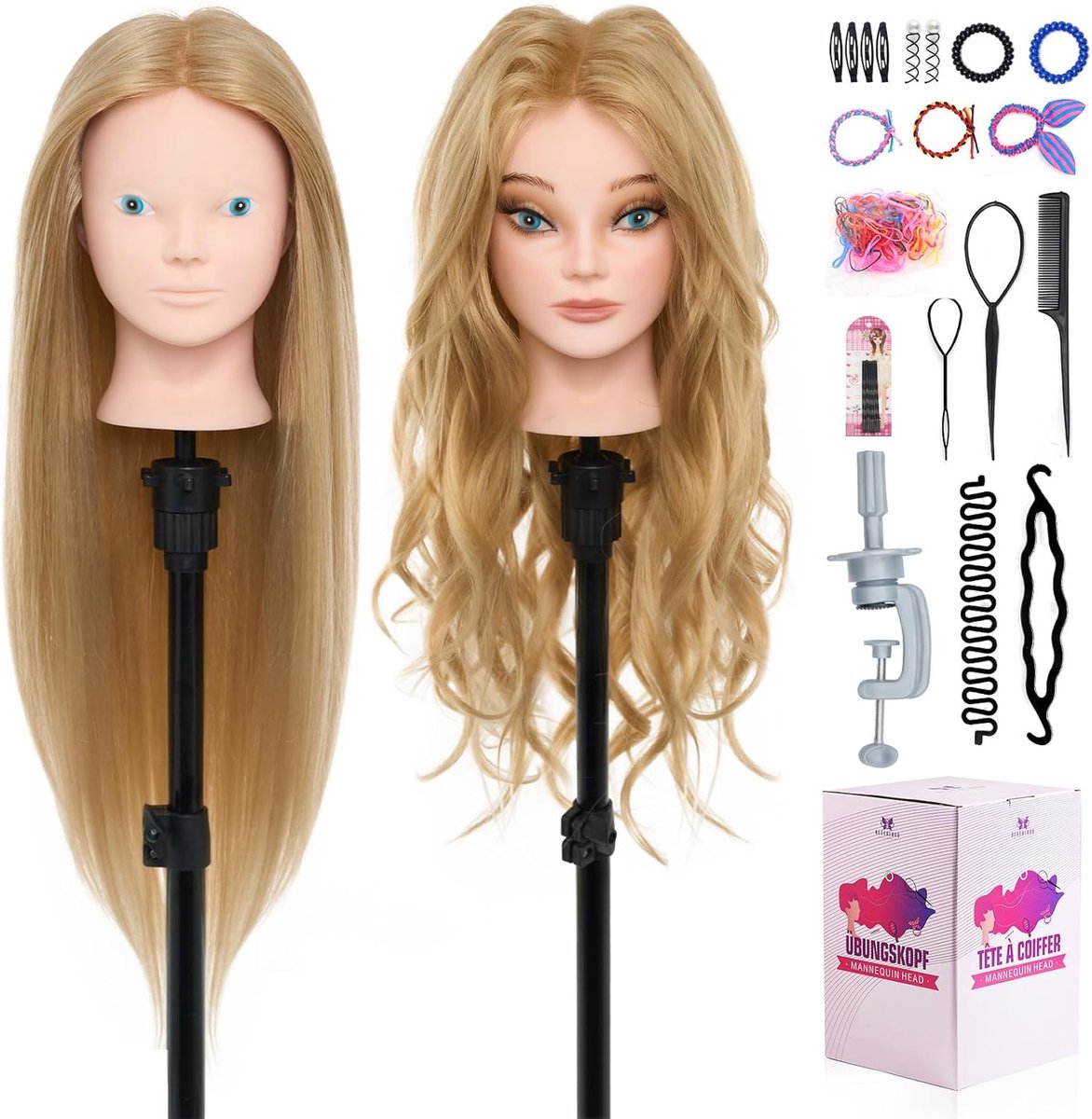 Neverland Beauty & Health Mannequin Head Made of 60% Real Human Hair, 60 cm, Hairdressing, Exercise Head, Training - ShopVlot
