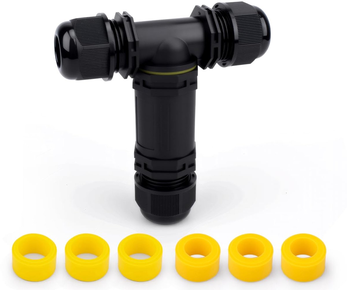 1pcs T Type Waterproof Outdoor Cable Connector, M25 Screw Crimping, 2 Poles for 5 to 8mm Cable, with 6 pcs Wire Clamp - ShopVlot