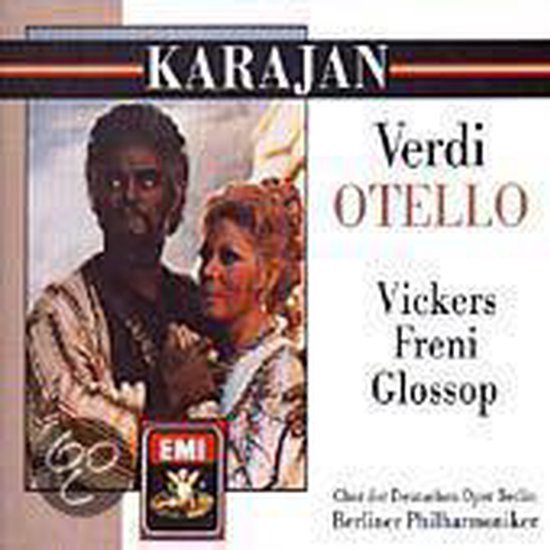 Verdi Otello Karajan, Vickers, Freni, Glossop. Cover met bustes van Otello en Desdemona, logo's van EMI en Berliner Philharmoniker.