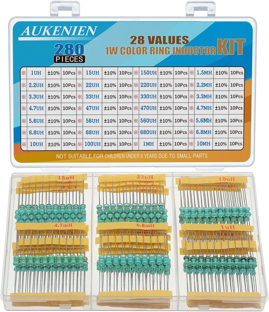 AUKENIEN 1W color ring inductors 28 values inductor kit 1uH to 10mH 280pcs 0510 DIP color code induction 1 watt - ShopVlot
