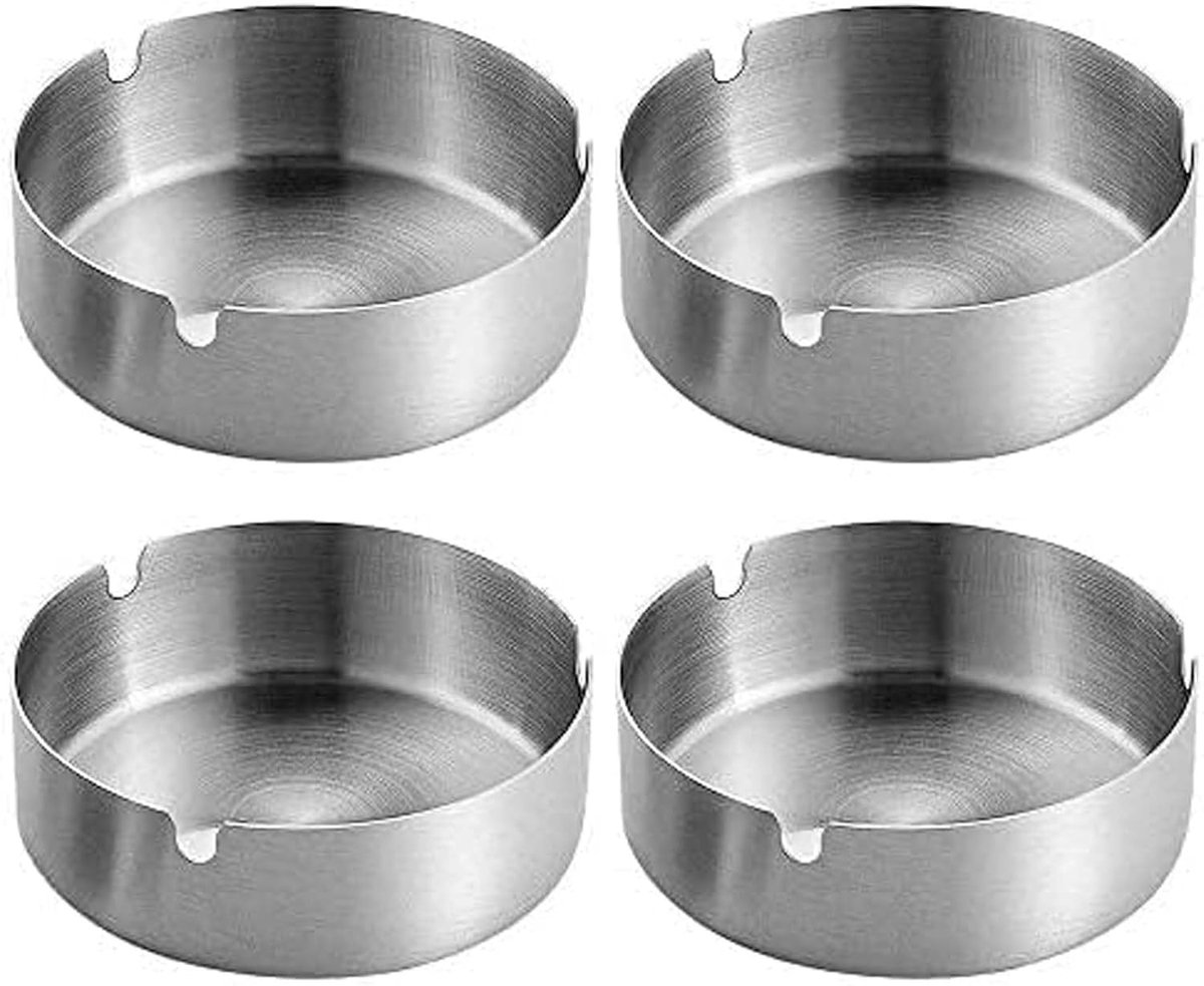 Set of 4 Round Stainless Steel Cigarette Ash Trays for Outdoor and Home (Medium) - ShopVlot