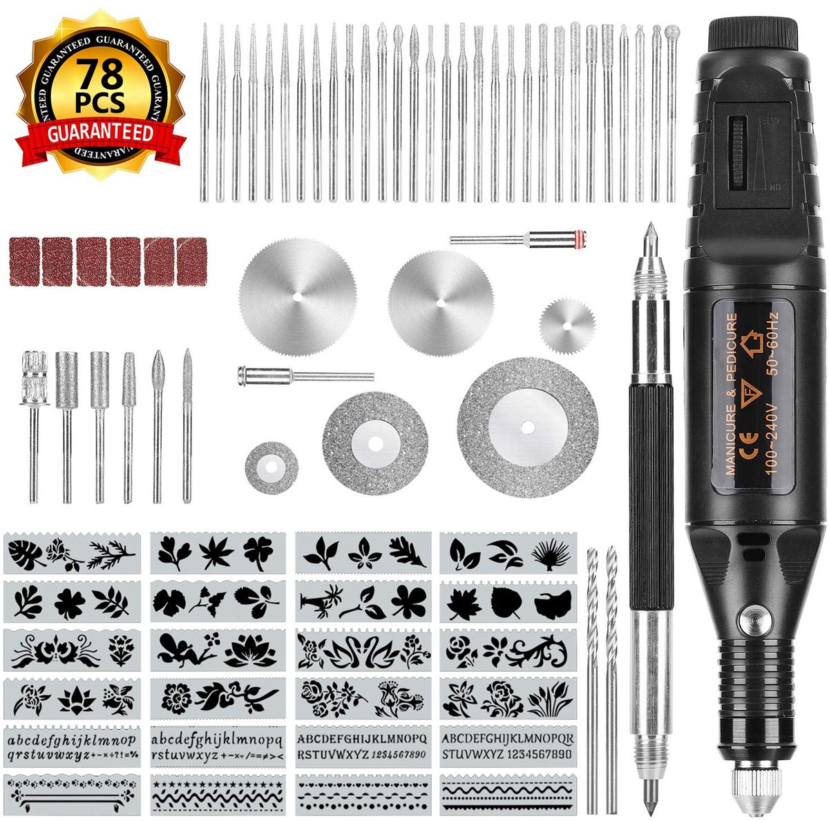 Elektrische Graveerpen Set 78 Delig - Graveermachine met 52 Bits en 24 Sjablonen - Gereedschap voor Glas, Hout en Metaal - DIY Graveerapparaat
