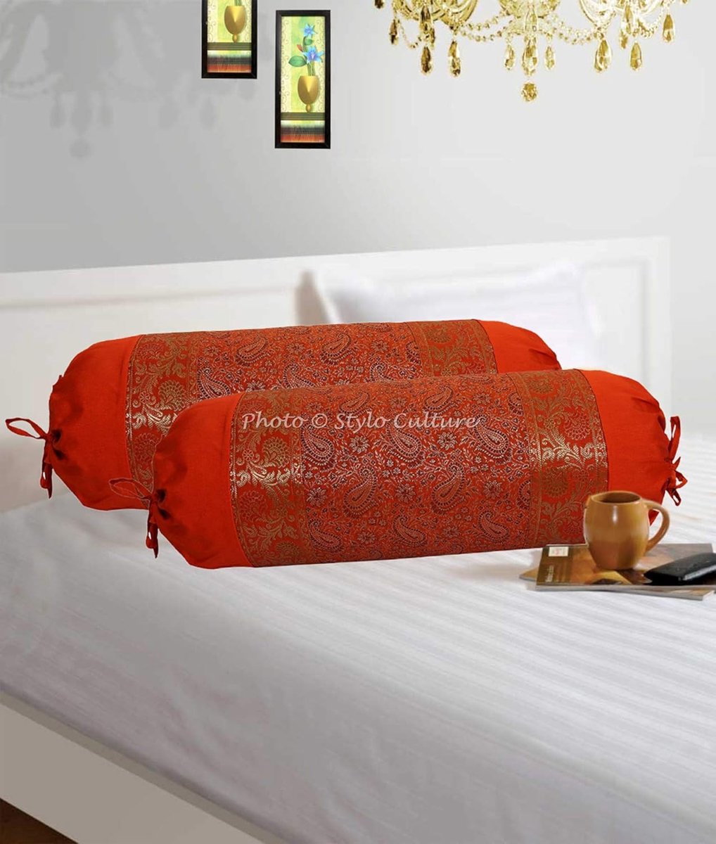 Indian Polydupion Cylindrical Tube Body Bolster Cushion Covers Orange Jacquard Roll Cushion Brocade Border Paisley - ShopVlot