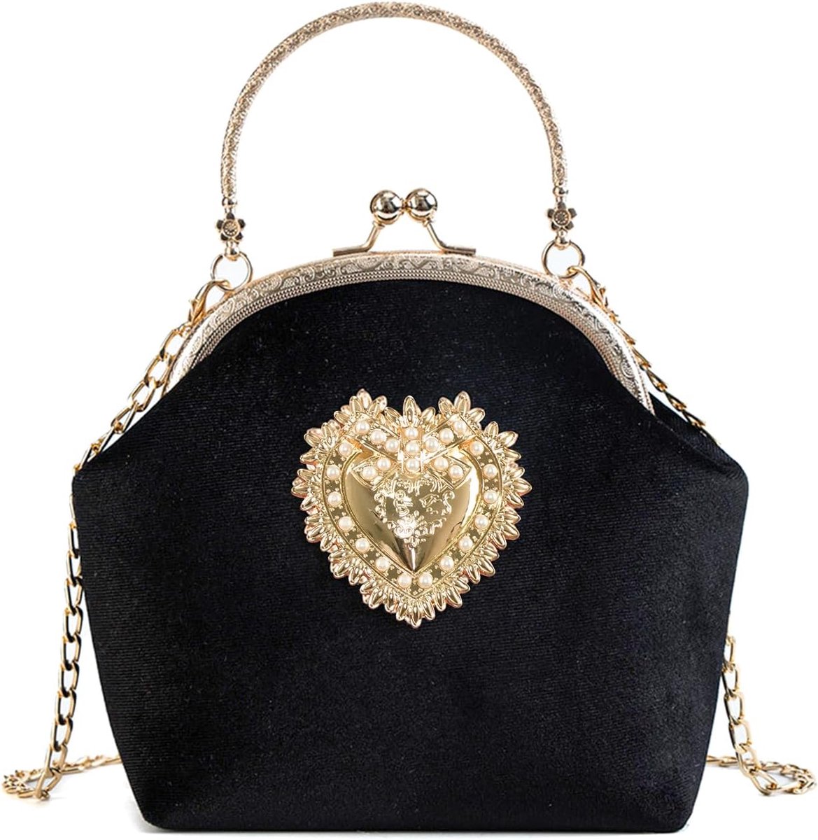 Ladies Evening Bag, Velvet Kiss Lock Handbag, Elegant Shoulder Bag, Gold Heart Detail, Vintage Luxury Bag for Prom - ShopVlot