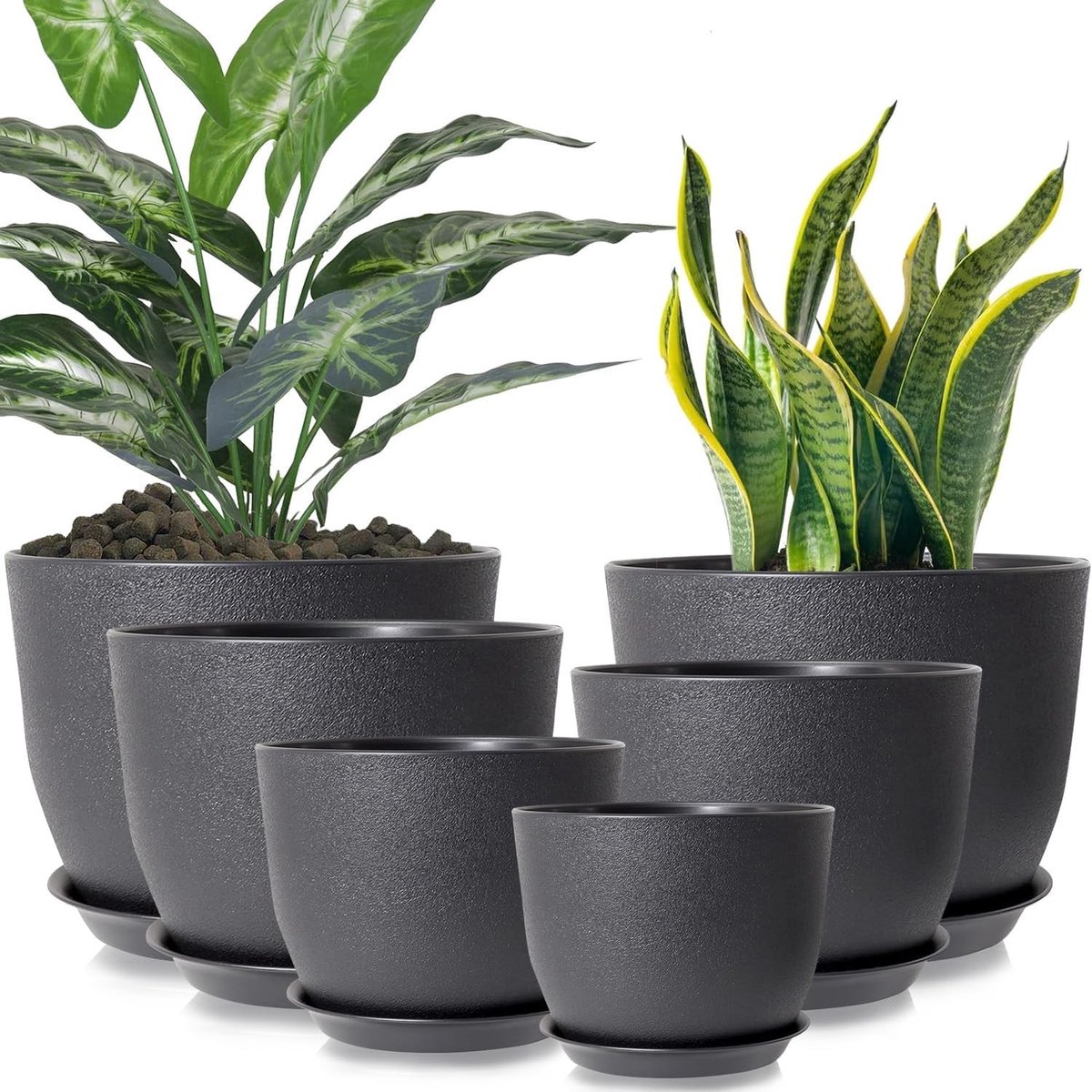 Set van 6 grote plantenpotten voor binnen en buiten met drainagegaten en schotel, ideaal voor bloemen en kamerplanten in diverse maten van 12 tot 25 cm