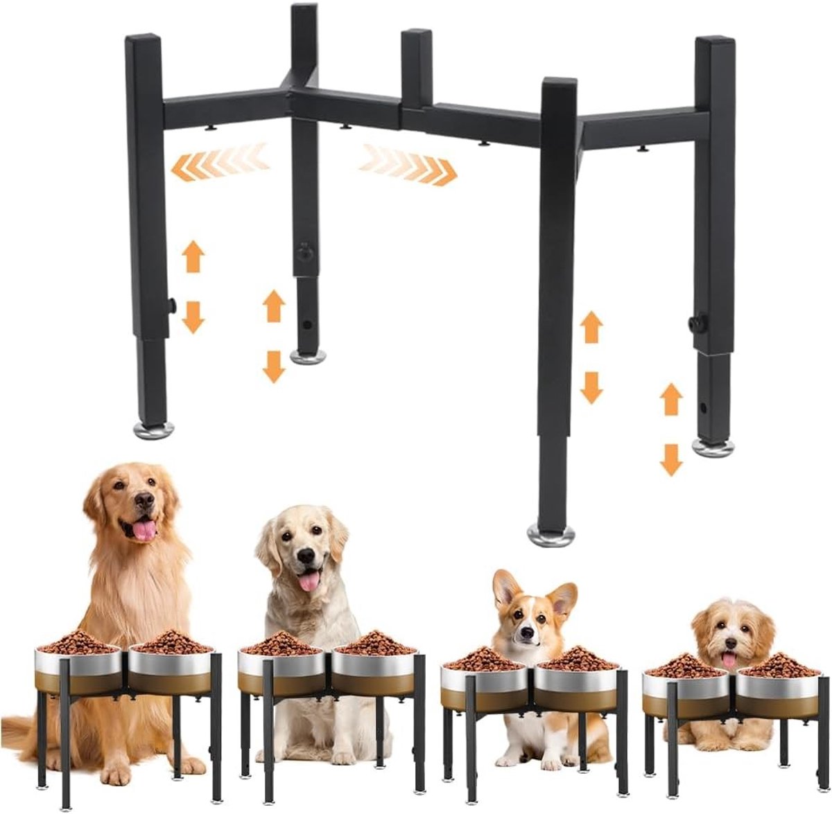 Verstelbare hondenvoerstandaard met metalen dispenser, spill-proof houder voor kleine, middelgrote en grote honden met 4 hoogtes en breedtes