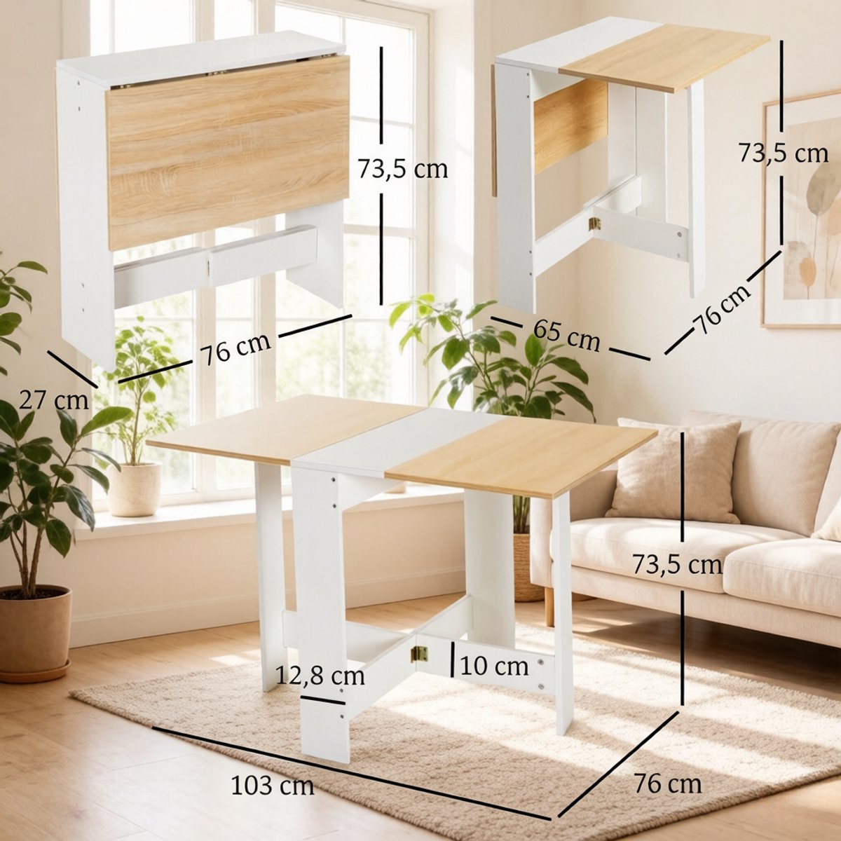DESMIU Eettafel Klapbaar Dubbelkleurig Design Met Opklapbaar Blad Voor Keuken En Woonkamer MDF Eiken Wit 103x76x73 5 Cm Eiche, wit