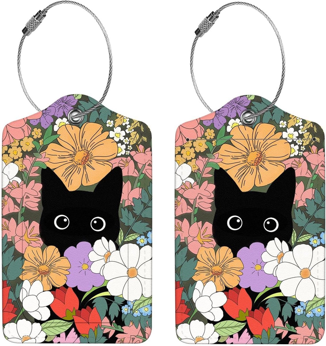 Luggage Tags Set van 2, PU Leer Reislabel met Privacy Cover, Adreskaart en Metalen Ring voor Koffers, Handtassen en Rugzakken (Bloemen en Katten)