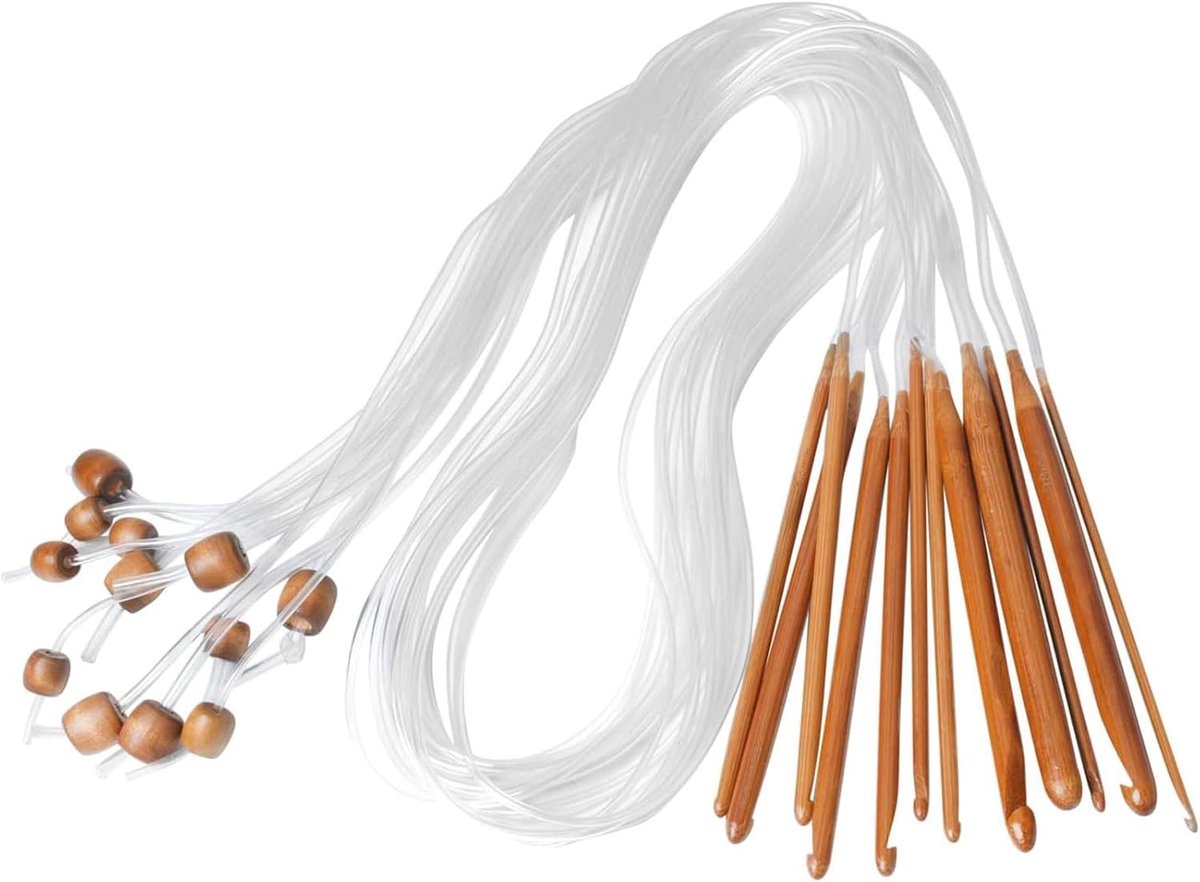 Set van 12 Tunisische Haaknaalden van Bamboe met Kleurrijke Plastic Kabel voor Dekens en Truien, Perfect voor Haakprojecten en Creatieve Handwerken