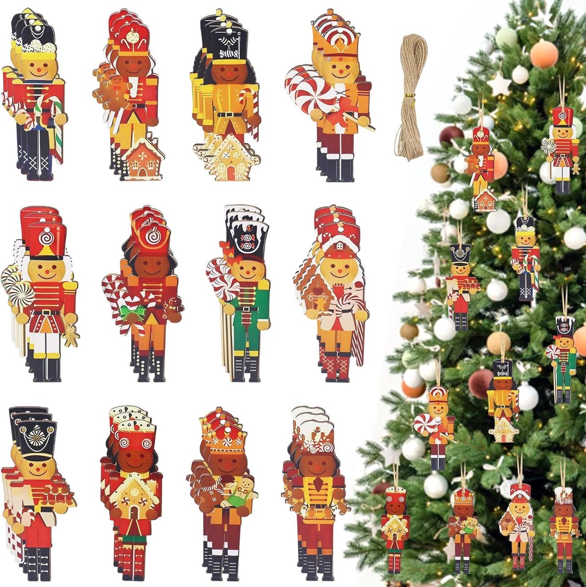 Houten kerstdecoraties 36 stuks - 2D houten notenkrakers - feestelijke hangers voor kerstbomen - ShopVlot