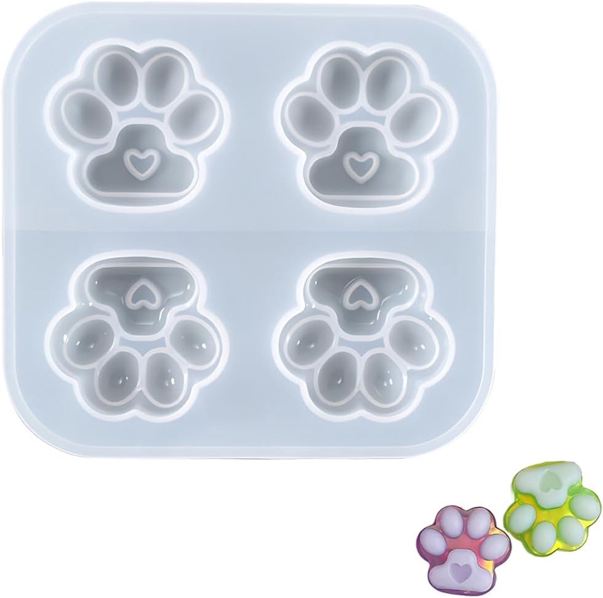 Siliconen vorm kattenpoot 130x120mm - epoxyhars - 4 roosters met harten - perfect voor sieraden maken - ShopVlot
