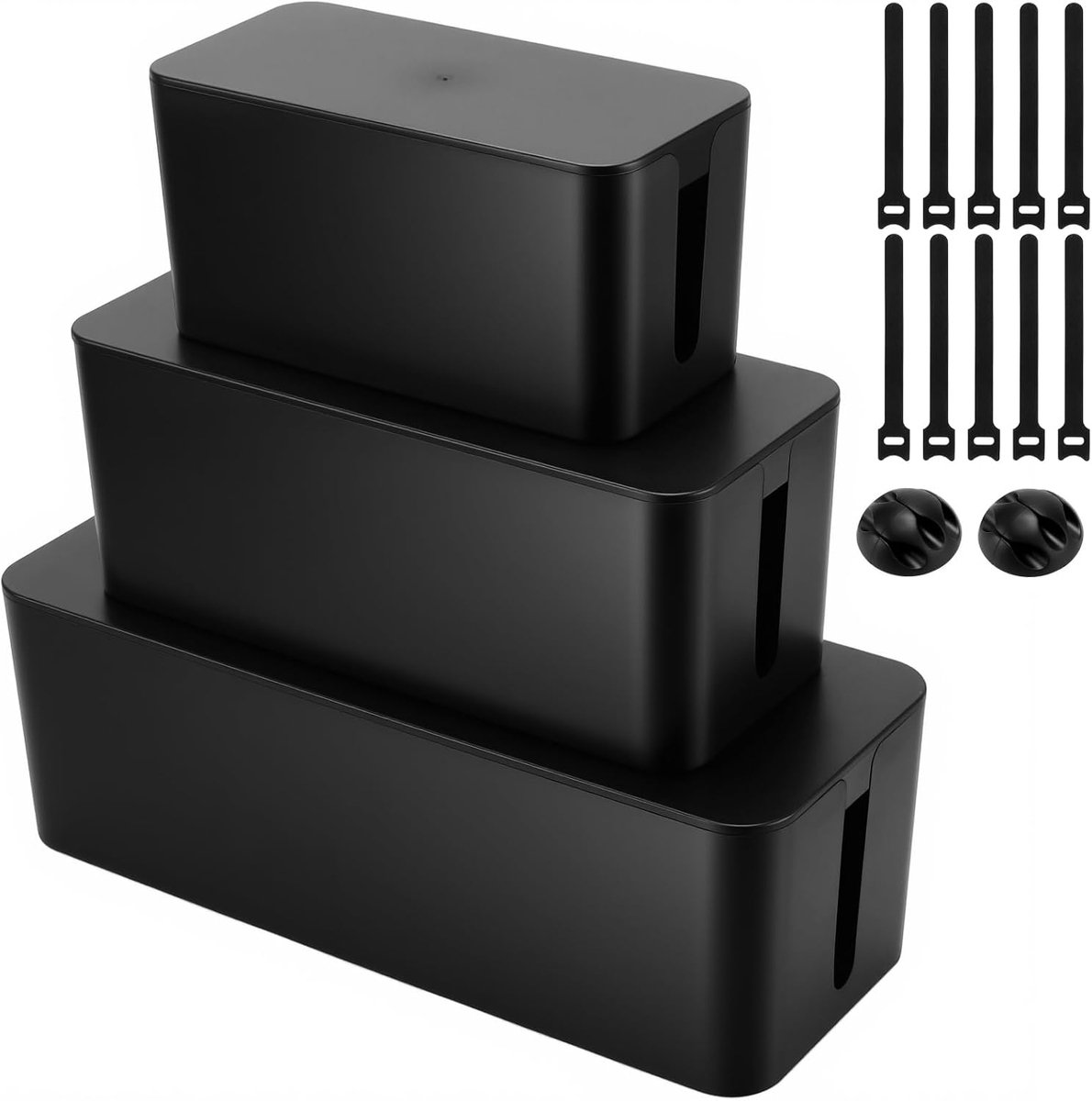 Kabelbox set van 3 - Zwart - Inclusief deksel, 2 kabelhouders en 10 kabelbinders - Perfect voor kabelmanagement thuis - ShopVlot
