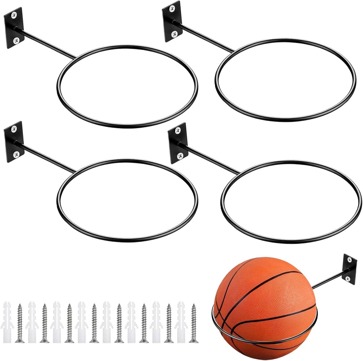 Ballhouder set van 4 - metalen wandbevestiging - zwart - voor basketball, voetbal en rugby - ShopVlot