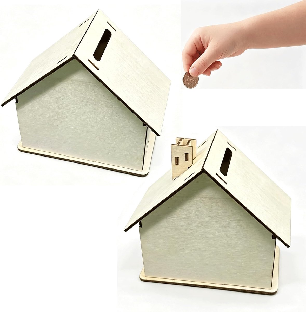 Spaarpot huis - ruw hout - doe-het-zelf - leren besparen - ShopVlot