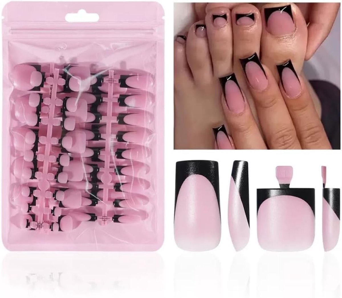 Nepteennagels, Zwarte Franse Tip - Vierkante Medium Lengte - Volledige Bedekking - ShopVlot