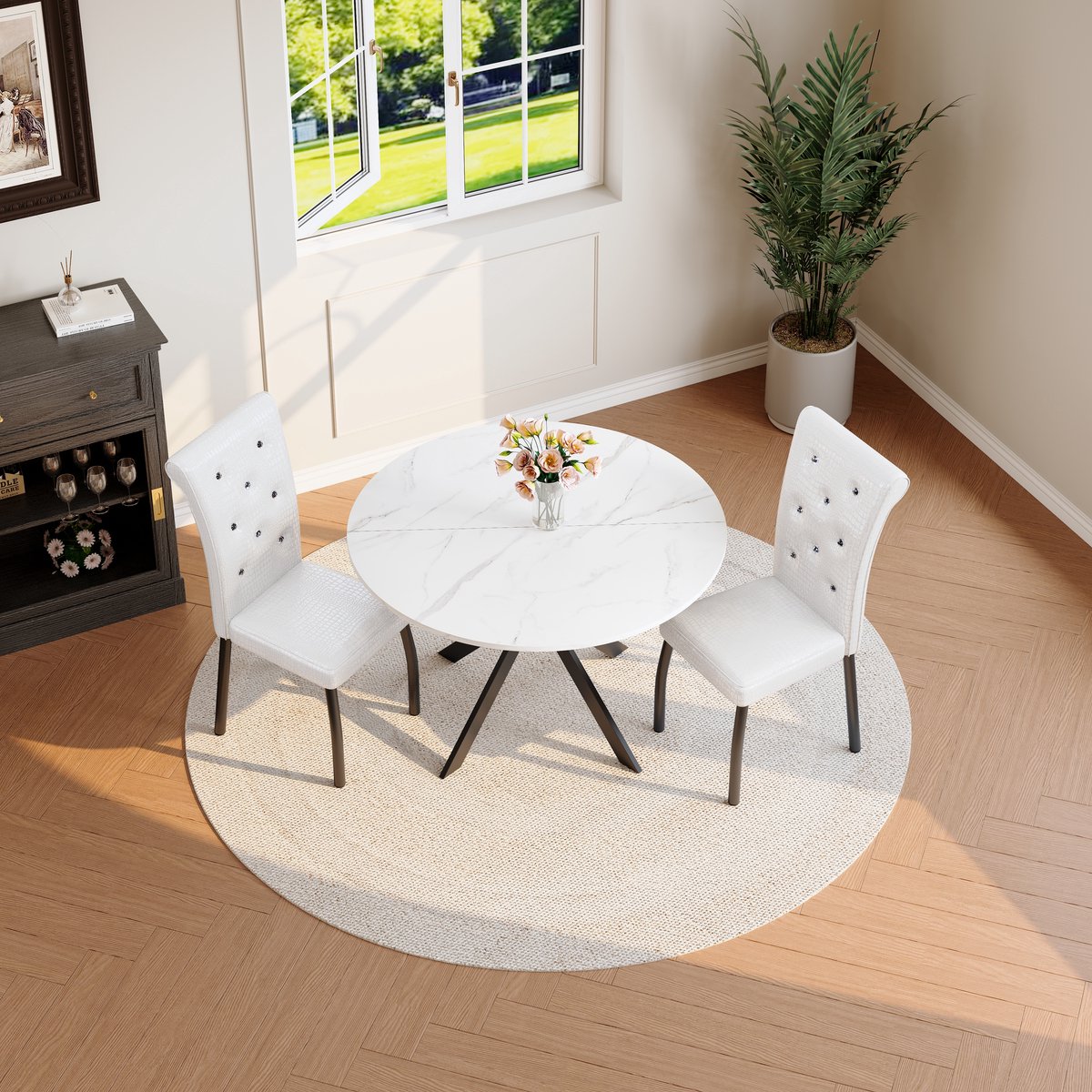 COVREO Eettafelset rond wit en zwart, MDF met metalen frame en 2 stoelen