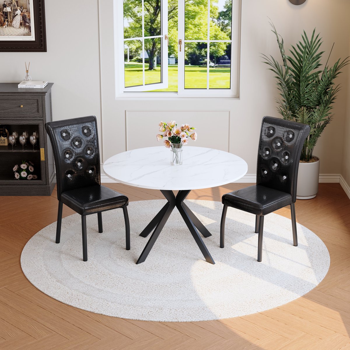 COVREO Tafel- en stoelenset, ronde eettafel zwart wit, MDF, metaal, 2 stoelen