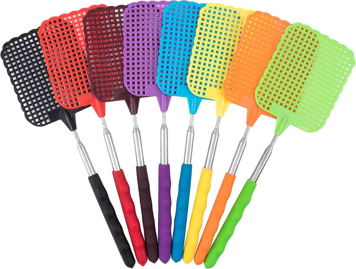 Set van 10 kleurrijke vliegenmeppers met lange steel, perfect voor het bestrijden van vliegen, muggen en andere vliegende insecten, geschikt voor binnen en buiten gebruik