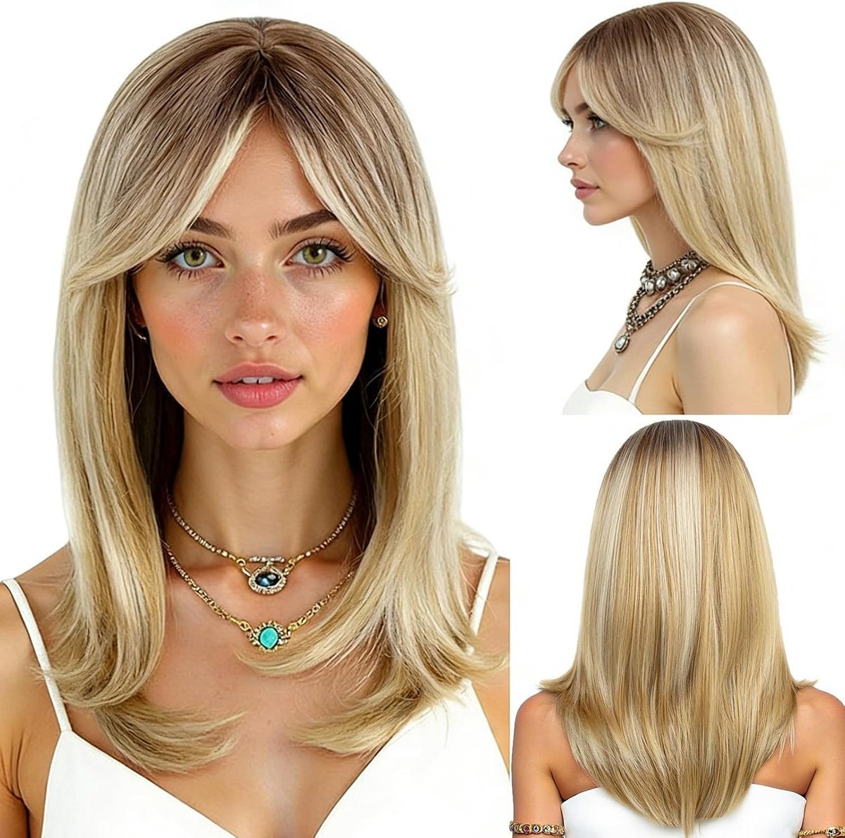 Long and Straight Blonde Wig for Women with Bangs Long Layered Straight Synthetic Fiber Shoulder Length Wig Natural - ShopVlot