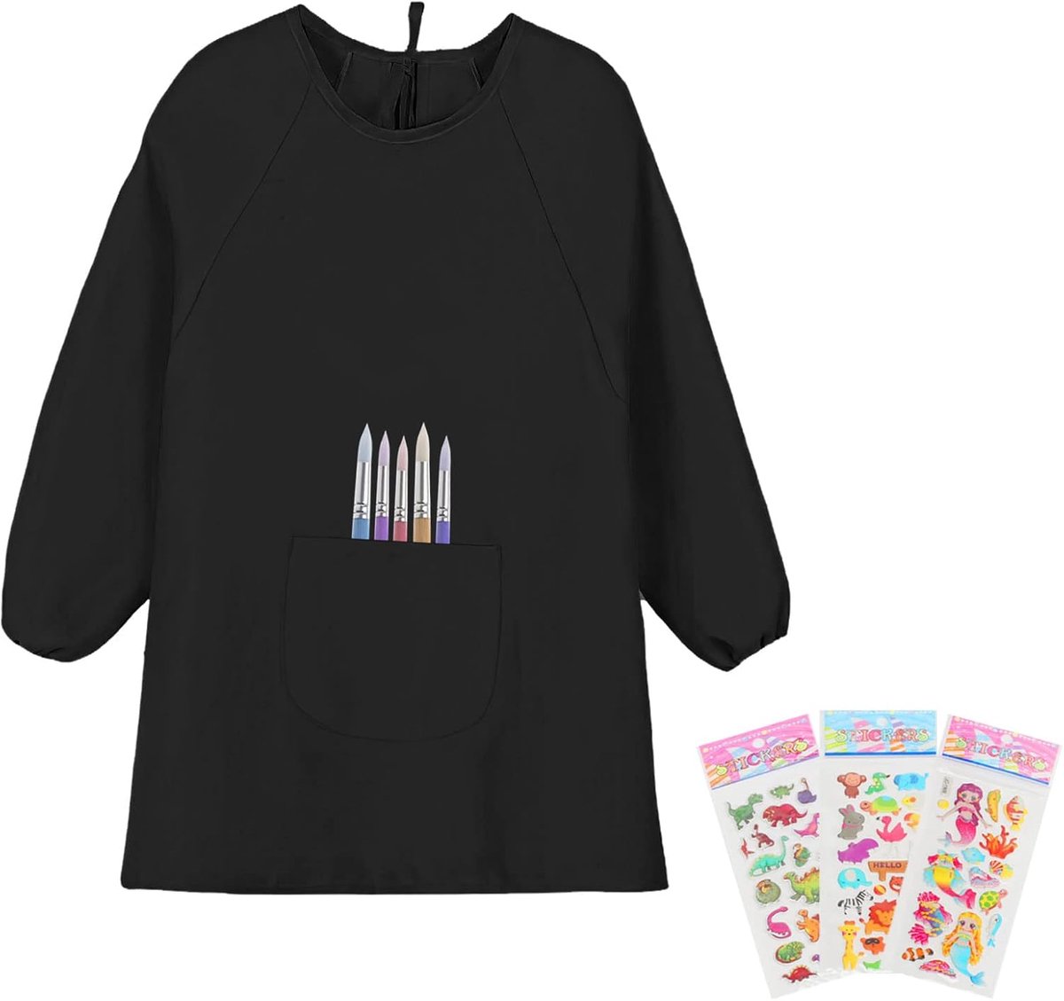 Kinderschort voor kunst - zwart - waterdicht - met lange mouwen en zakken voor schilderen - ShopVlot