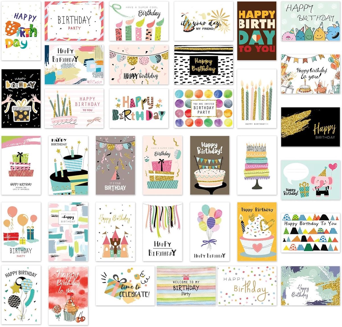 verjaardagskaarten 36 stuks - met enveloppen - diverse motieven - voor mannen, vrouwen en kinderen - ShopVlot
