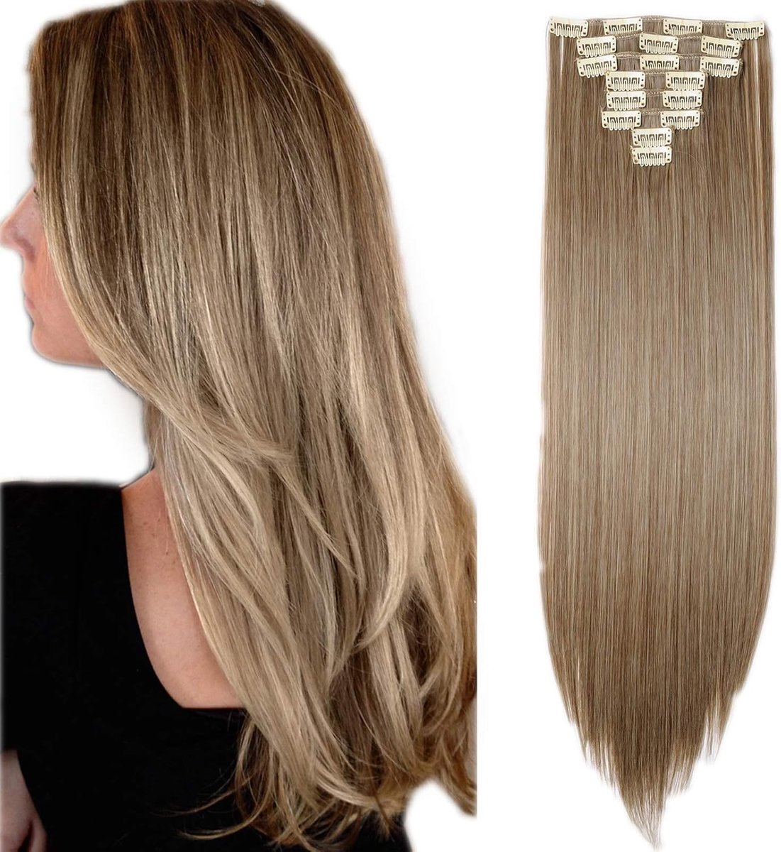 Clip-In Haarextensions 58 cm - Ash Brown Mix Bleach Blonde - Echte haren - Gemakkelijk in gebruik - ShopVlot