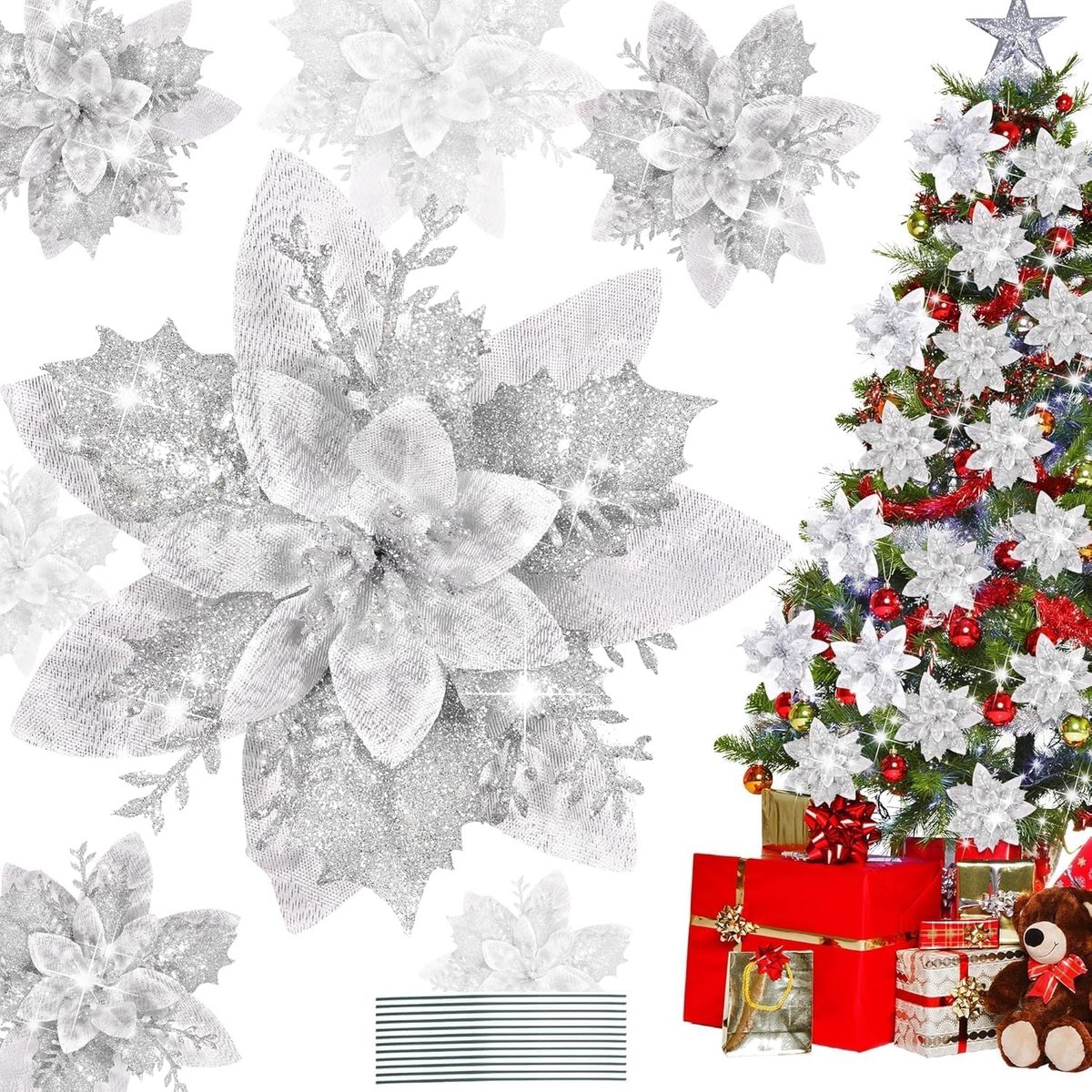 Kerstornamenten 16PCS Poinsettia - 14CM Glitter Kunstbloemen - Met Clip - Perfect voor Kerstboomdecoratie - ShopVlot