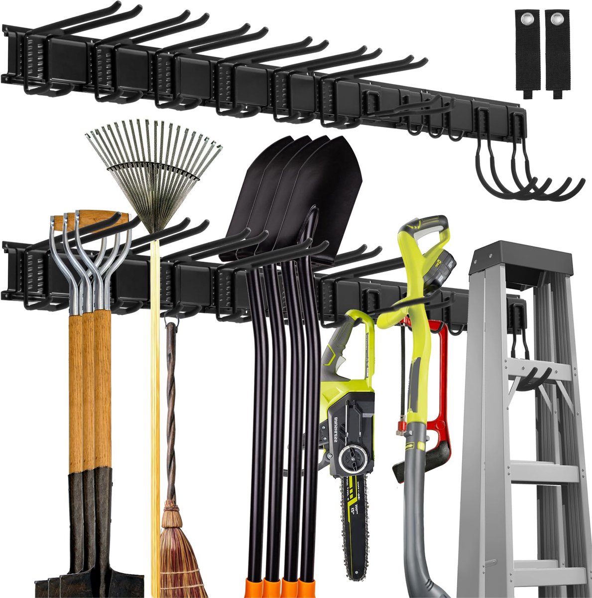 Wandgemonteerd Gereedschapsrek voor Garage en Tuin - Tuingereedschap Organizer met 12 Haken en 2 Bevestigingsriemen - Opbergsysteem voor Trimmers, Slangen, Stoelen en Handgereedschap - Ruimtebesparend Rek voor Garage, Schuur en Werkplaats