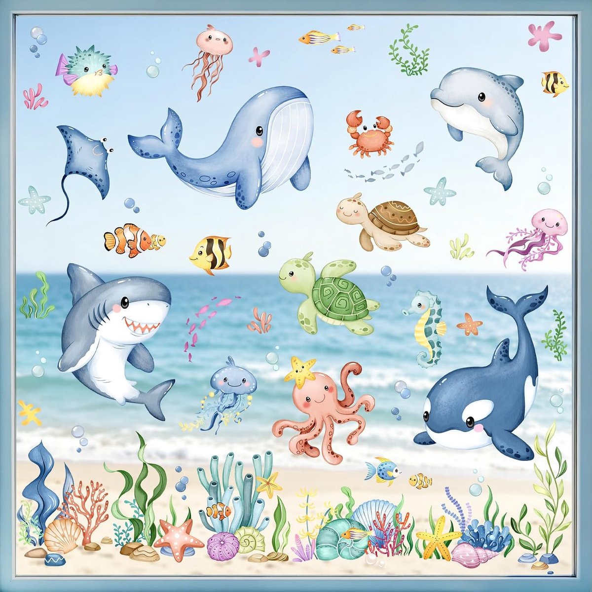 Raamstickers oceaan thema - dubbelzijdig printen - kleurrijke marine dieren - ideaal voor badkamerdeuren - ShopVlot