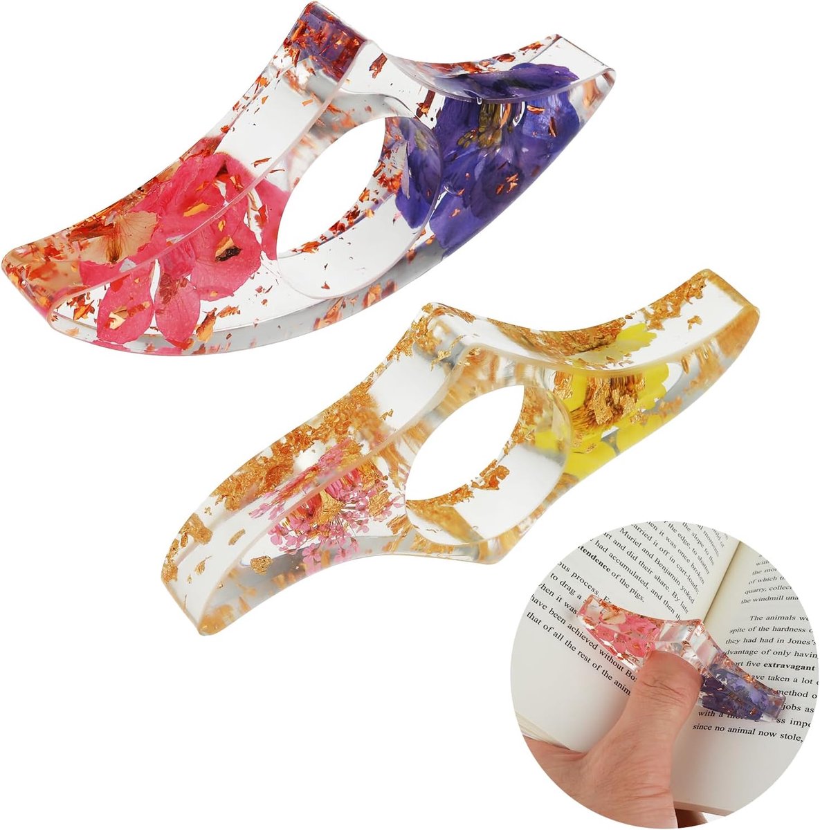 Boekpagina-houder 2 stuks - Transparante ring met gedroogde bloemen - Ergonomisch ontwerp - ShopVlot