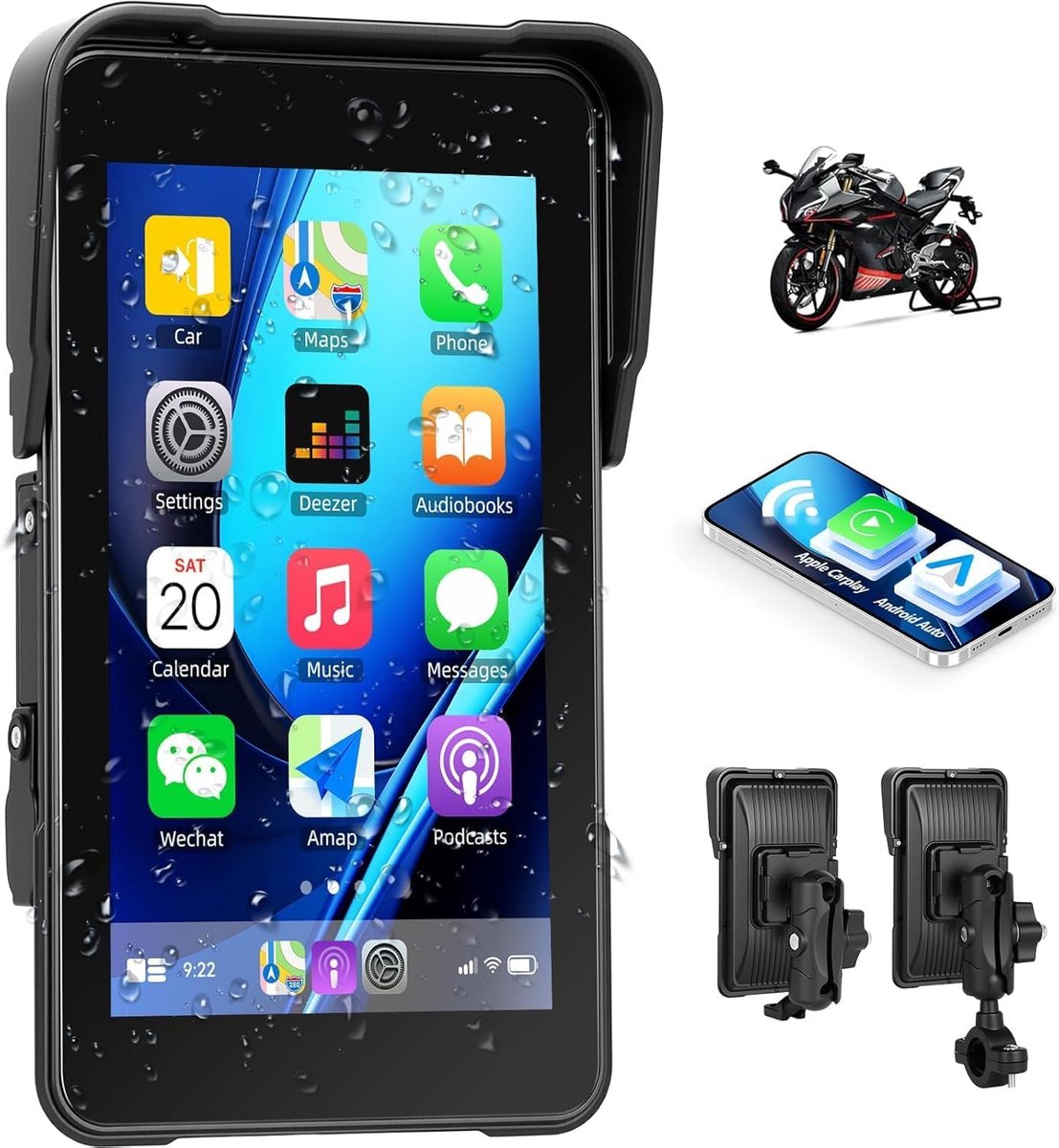 Motorfiets navigatiescherm 5 inch - Draadloze Carplay & Android Auto - IP68 waterdicht - Bluetooth verbinding - ShopVlot