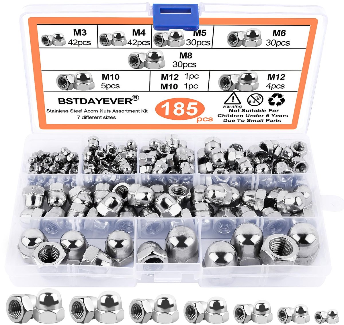 Hoedmoeren Set 185 Stuk M3 M4 M5 M6 M8 M10 M12 - Gegalvaniseerd - Corrosiebestendig - Ideaal voor meubels en voertuigen - ShopVlot