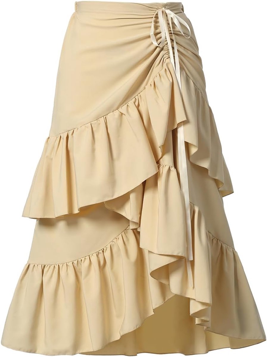 CAMDOM Women's skirt, multi-layer ruffles, asymmetrical hem, midi skirt, drawstring waist, A-line, flowing summer skirt - ShopVlot