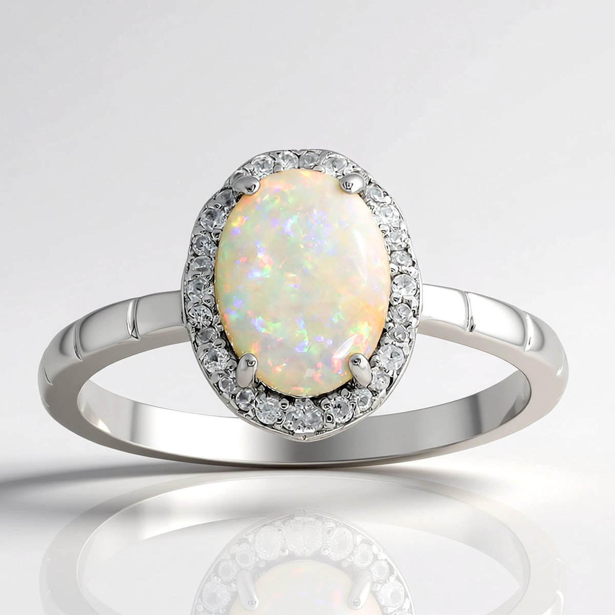 Cavill - Verstelbare Ring - 925 Sterling Zilver met Platina - Australische Opaal 0,55 ct - Rondgeslepen Zirkonen - Elegante Damesring