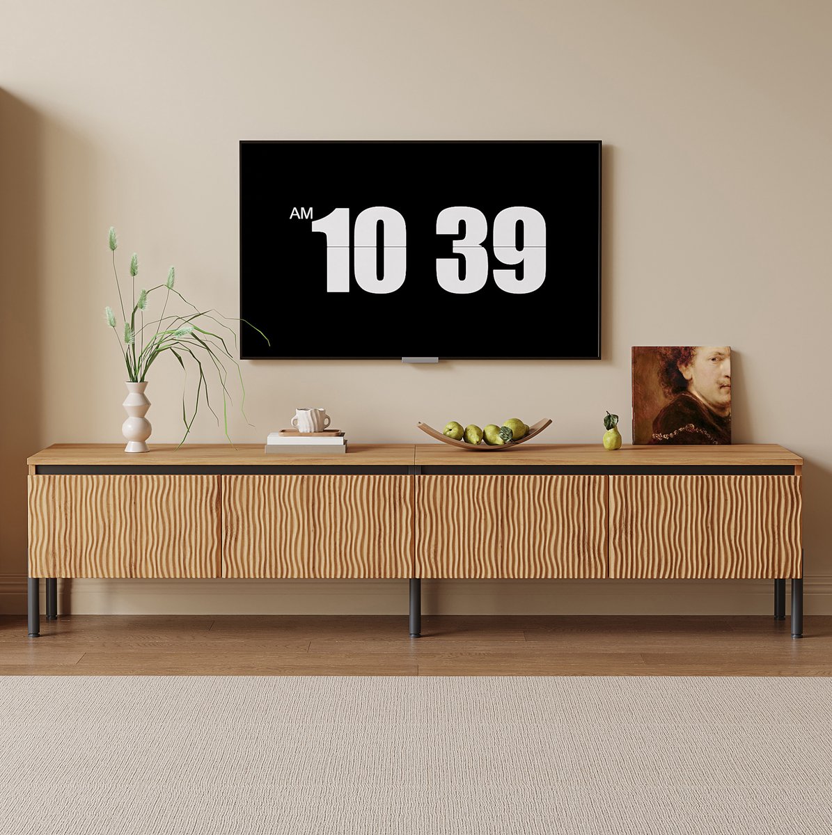 DESMIU Tv Meubel - Vier Deuren Met Golvende Fronten En Kabeldoorvoer - Voor Woonkamer En Mediakamer - PB En MDF - Naturel - 180 X 35 X 43 Cm