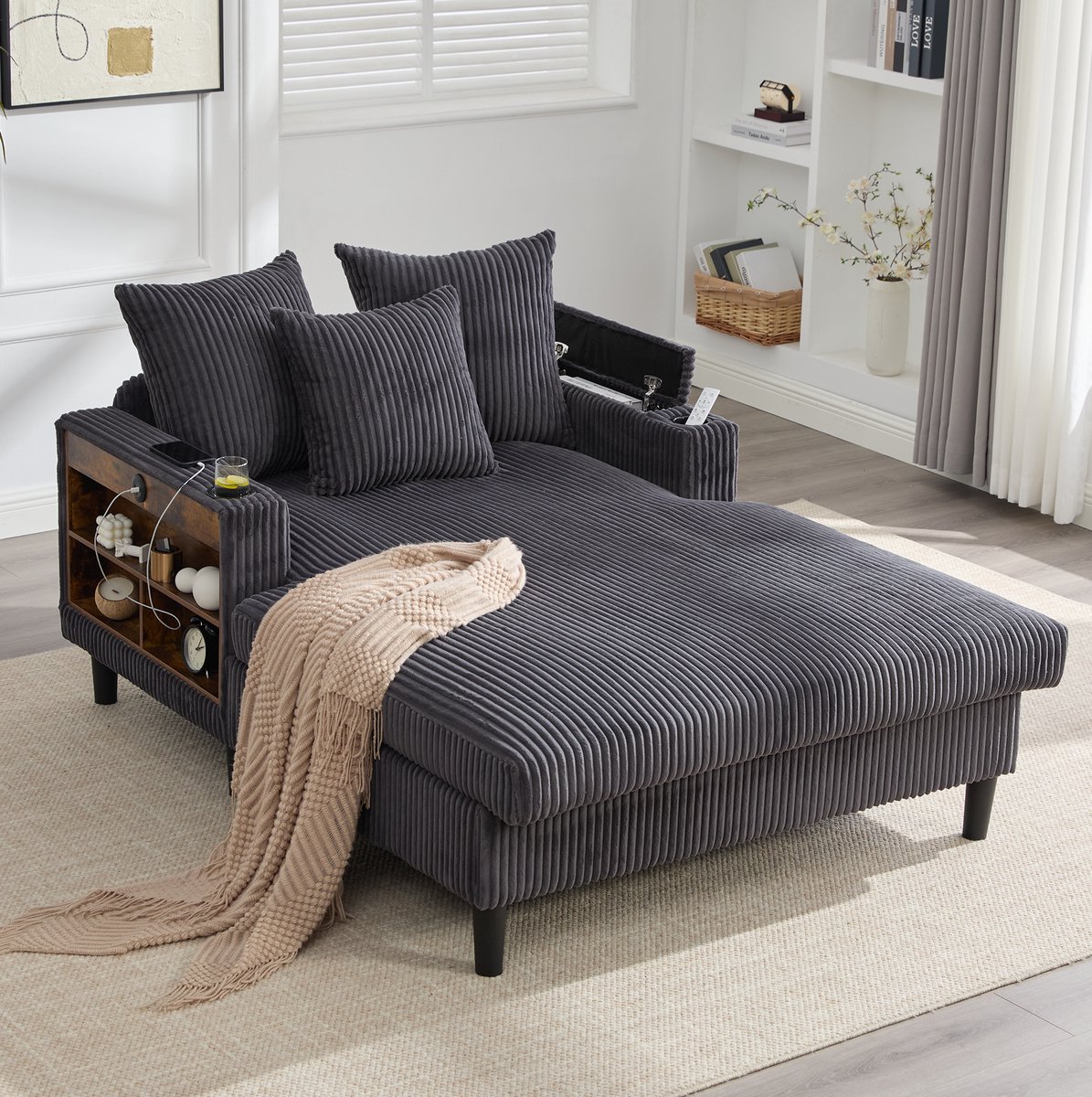 DESMIU Chaise Longue 129 X 170 X 70 Cm - Met Opbergruimte, Usb-Laadpoort, Led-Verlichting, Bekerhouders En Zijtas - Voor Woonkamer En Slaapkamer - Ribstof Donkergrijs