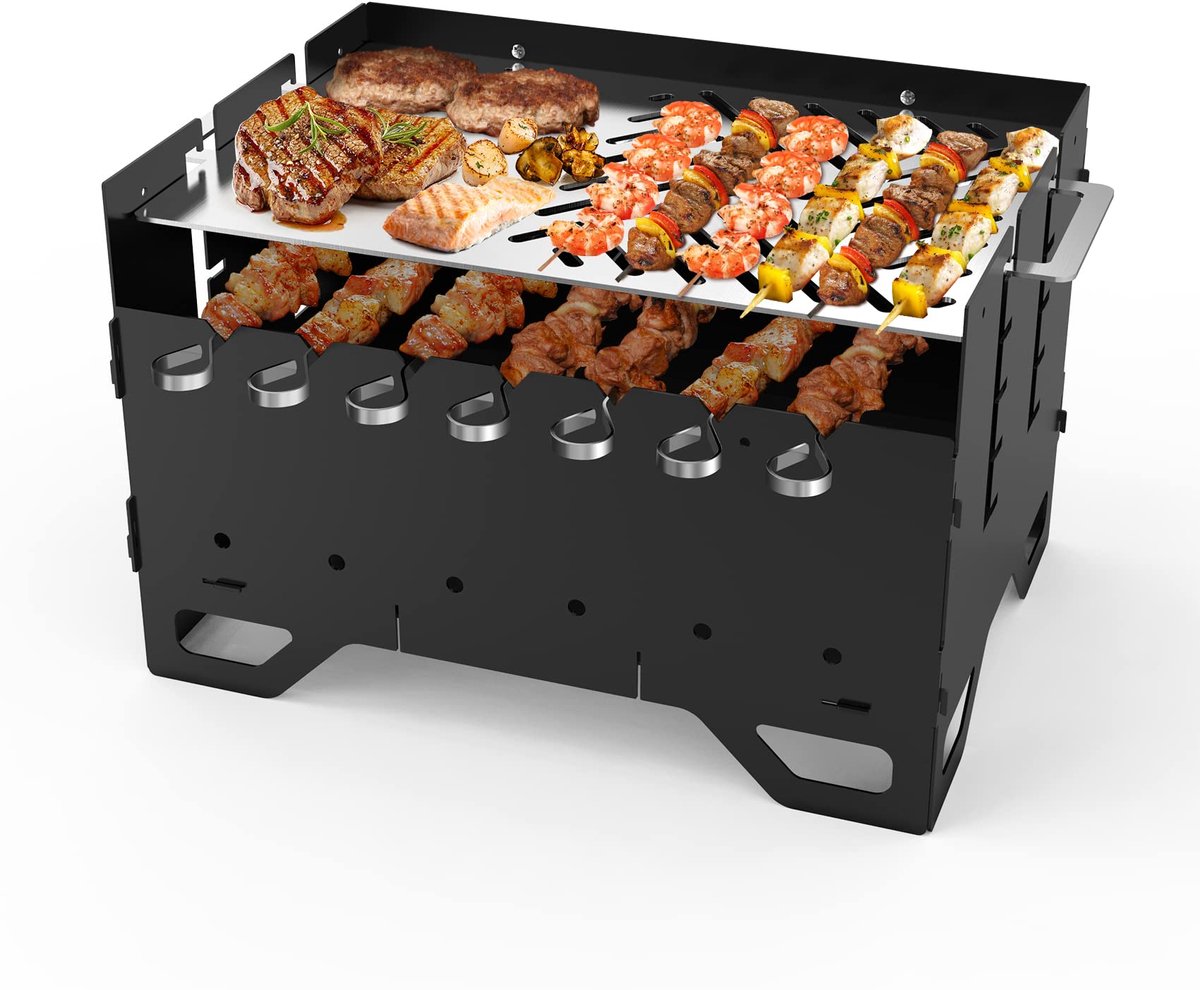 Draagbare barbecue met uitneembare roosters - grillplaat en 7 spiesjes - ideaal voor kamperen en picknicken - ShopVlot