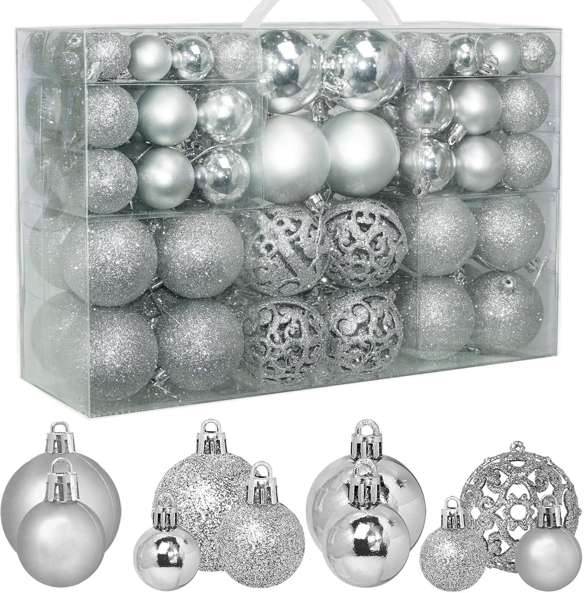 Kerstboom ornamenten set - 100 stuks - zilver - diverse vormen voor sfeervolle decoratie - ShopVlot