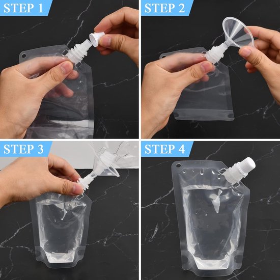 Beverage Bags, 15 Transparent Drink Bags, Reusable Spout Bags and 2 Pieces Funnel, Plastic Drinking Bag for Ice - ShopVlot — afbeelding 2
