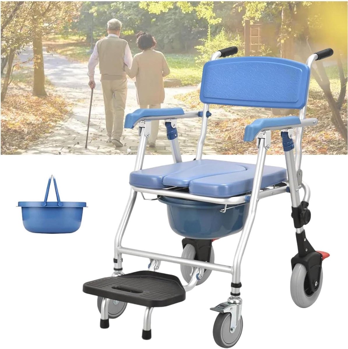Douchestoel Commode - Toiletstoel Rolstoel - Ondersteuning Zorg - 4-in-1 Multifunctioneel - 150 kg draagvermogen - Grijs