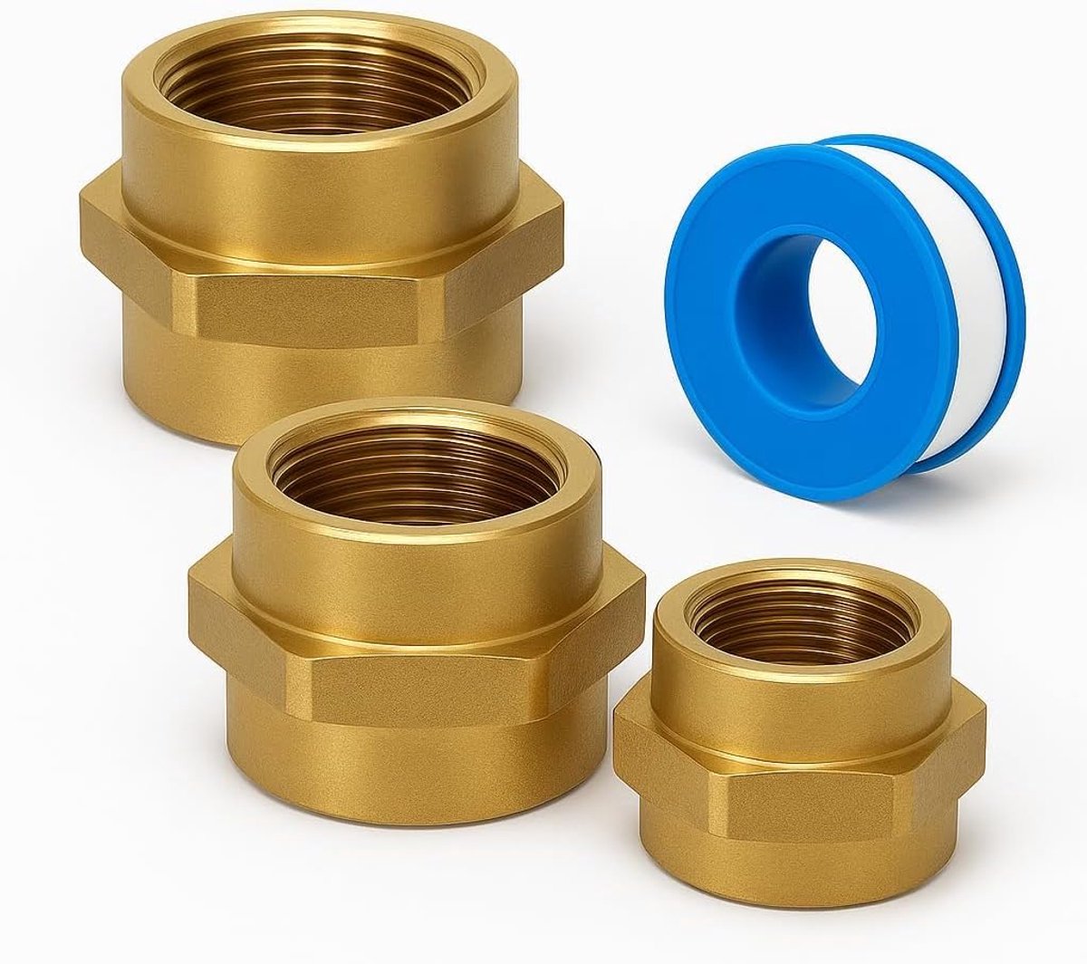 Reducer 1/2" x 3/4" F/F brass (3 pieces + PTFE tape) – Hexagonal BSP female thread adapter for plumbing, heating - ShopVlot