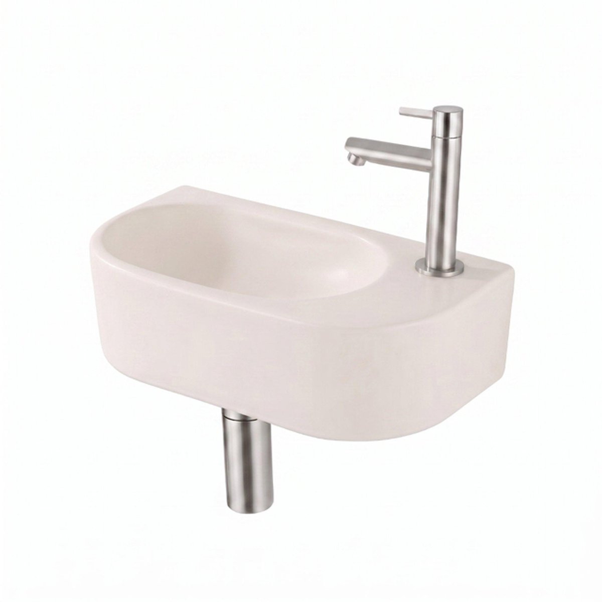 QeramiQ Fuente Fontein - 40x22x12cm - glad - halfrond - fonteinkraangat rechts - keramiek - fonteinkraan geborsteld RVS - verlaagd sifon - afvoerplug - linnen