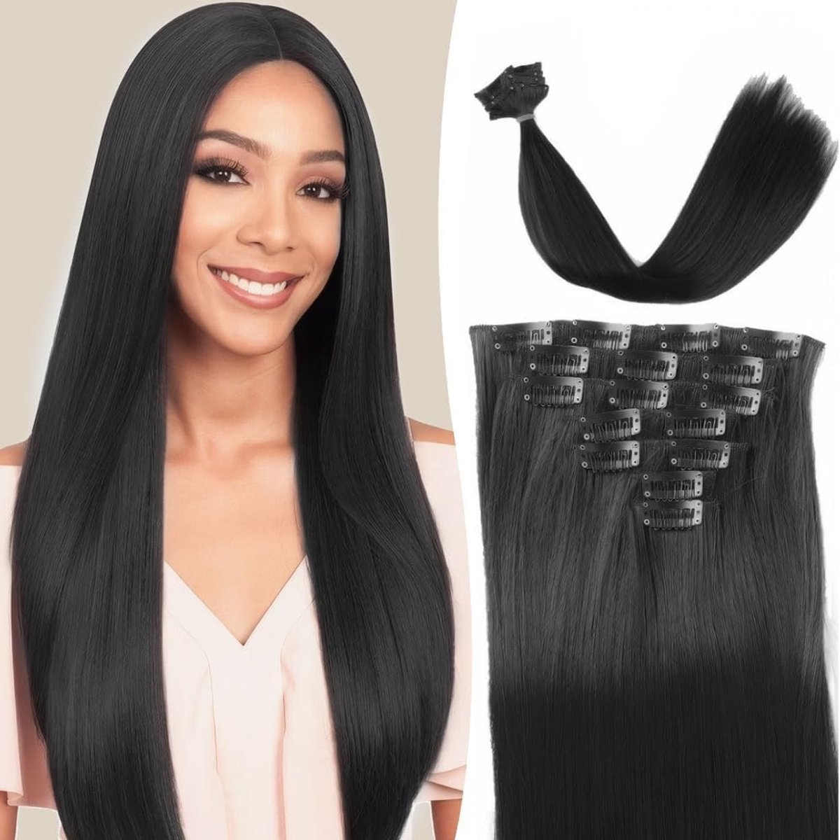 Clip-In Haar Extensions 55 cm - Dikke Natuurlijke Zachte Synthetische Haarstuk - Perfect voor Volume - ShopVlot