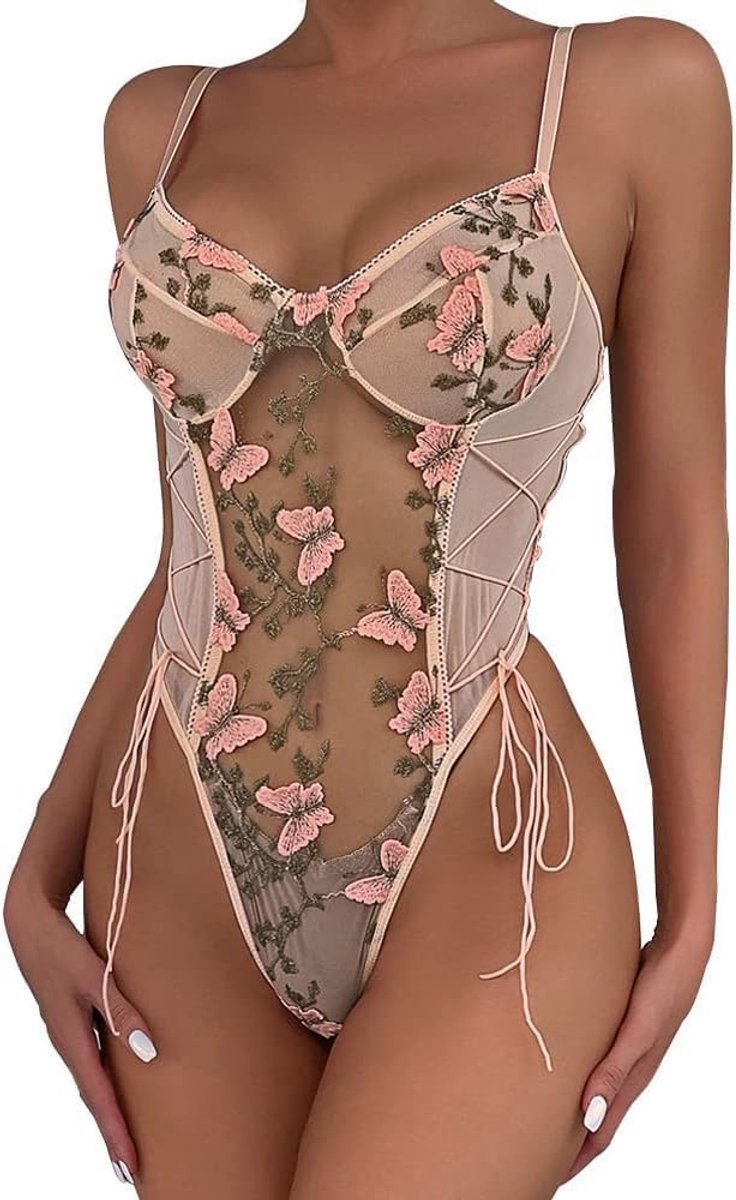 Damesbody sexy - geborduurd bloemenpatroon - transparant met gekruiste bandjes - elegant ondergoed - ShopVlot