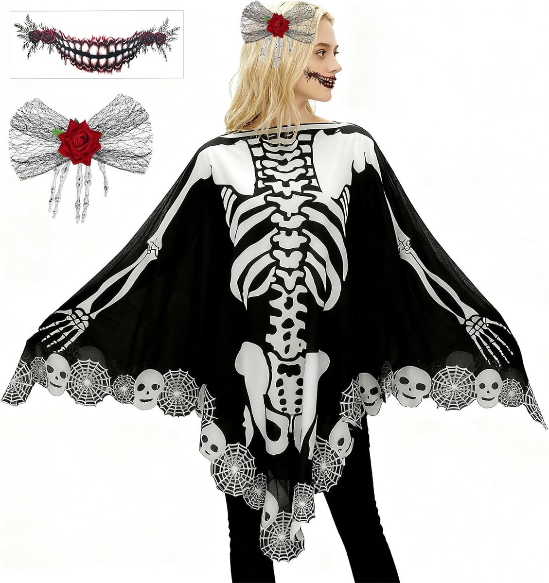 Halloween poncho skeletten - damenmaat - zwarte cape - griezelige accessoires voor kostuums - ShopVlot