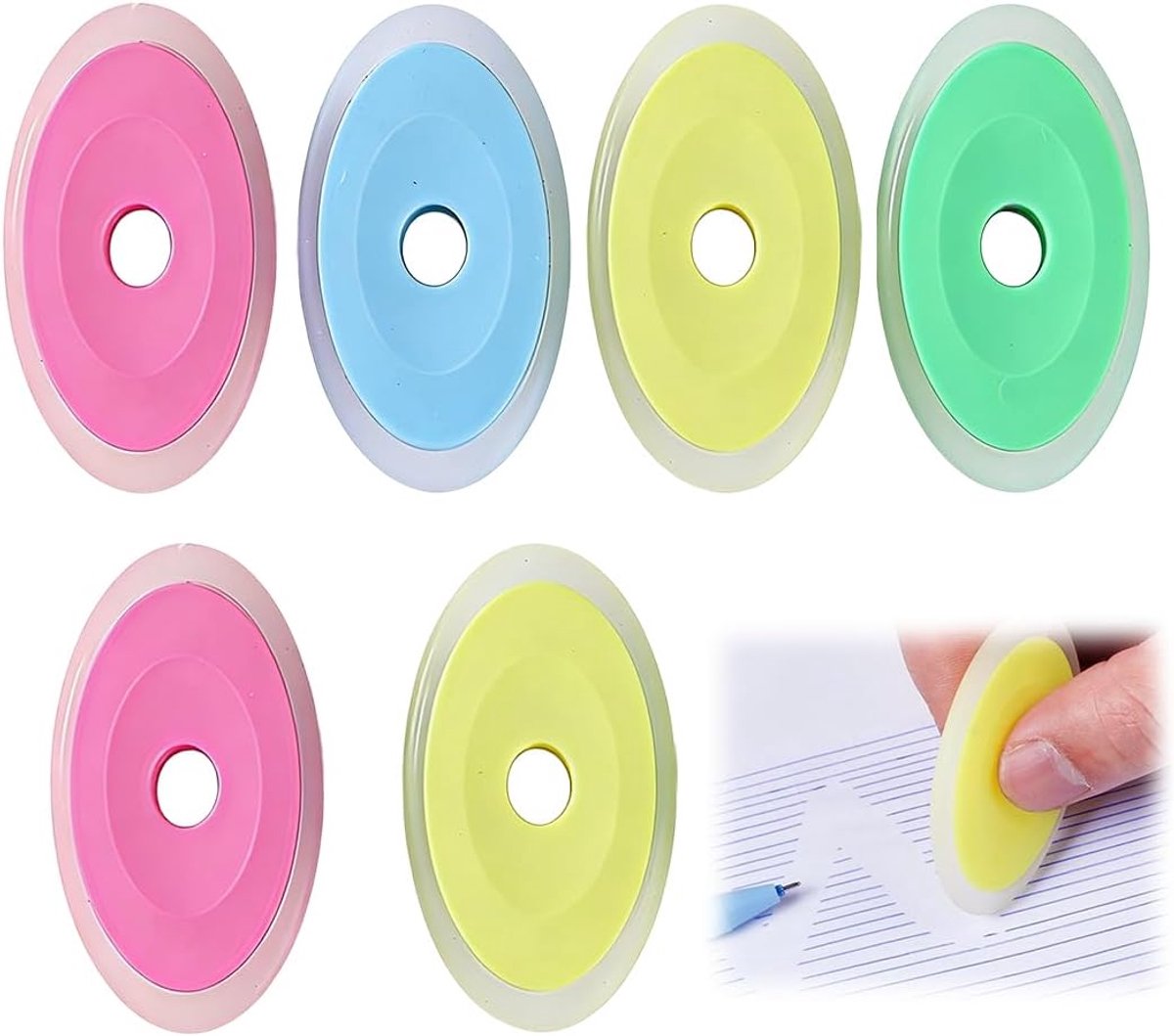 uitwisbare pen gum 6 stuks - gesorteerde kleuren - klein ovaal formaat - ergonomisch ontwerp - ShopVlot