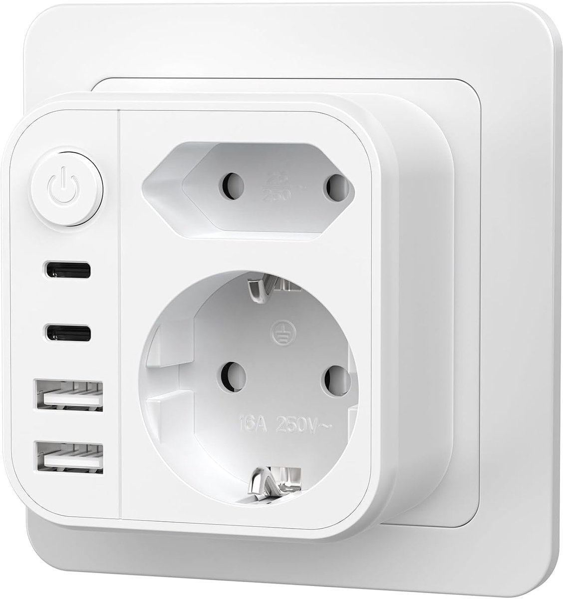 Meervoudig stopcontact met 4 USB-poorten - wit - met USB C-poort - snel opladen - ShopVlot