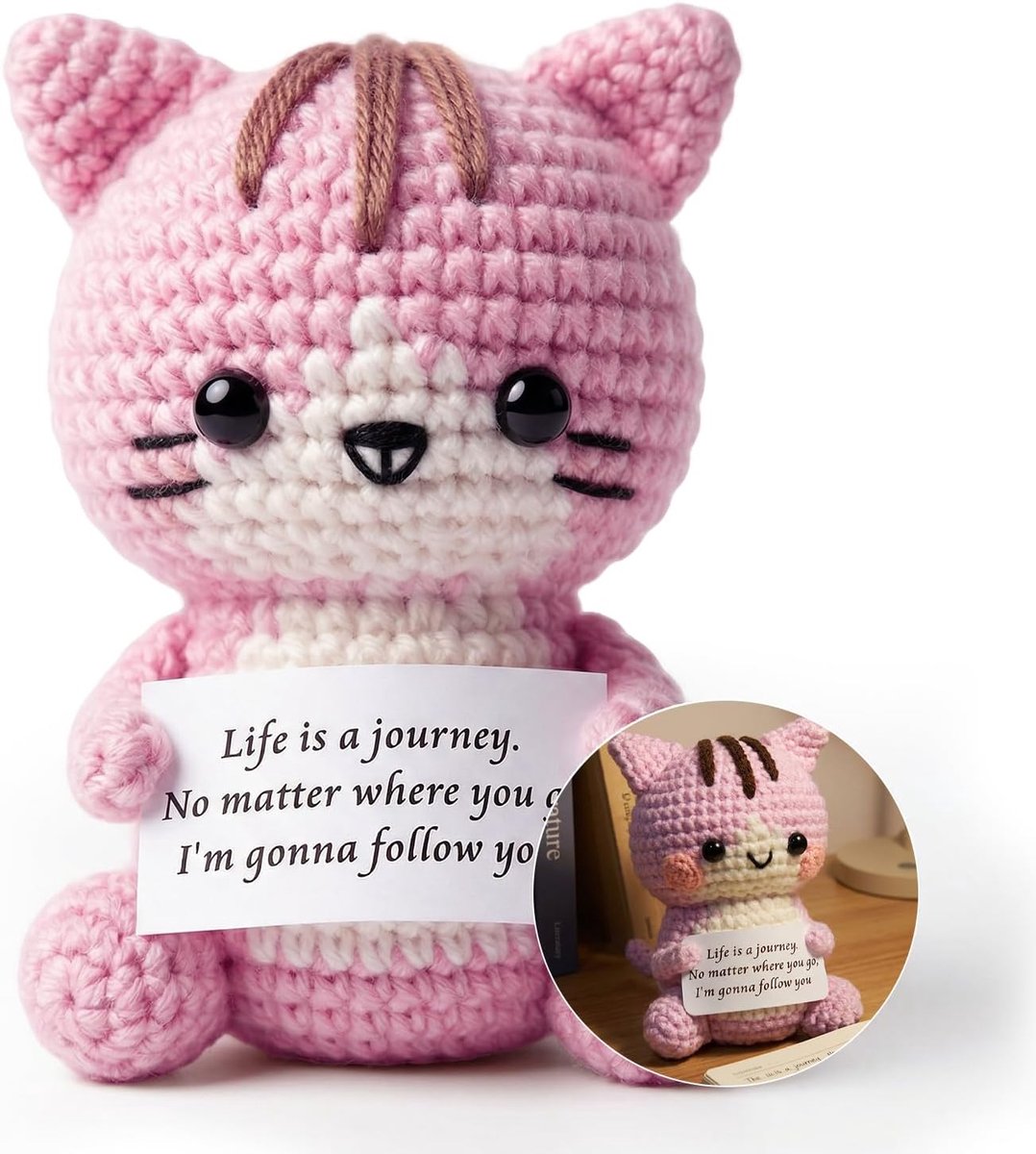 Gehaakte roze kat - handgemaakt pluche - decoratief figuur - perfect cadeau voor vrouw - ShopVlot