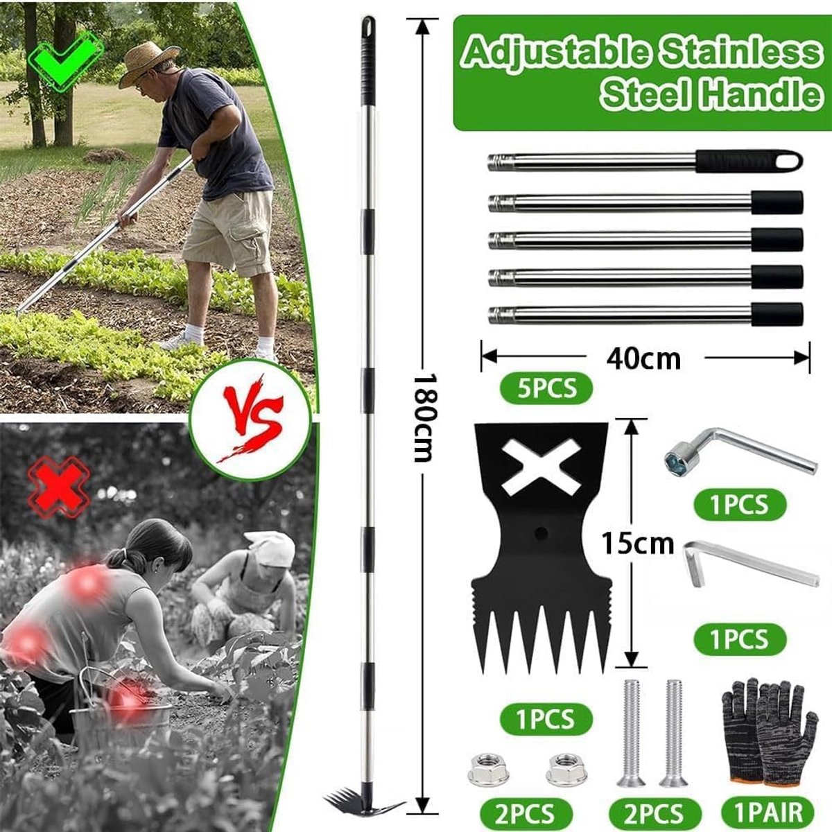 Onkruidsteker met Lange Steel - 180 cm - 2-in-1 Tuingereedschap voor Onkruidverwijdering - Voor Tuin en Terras