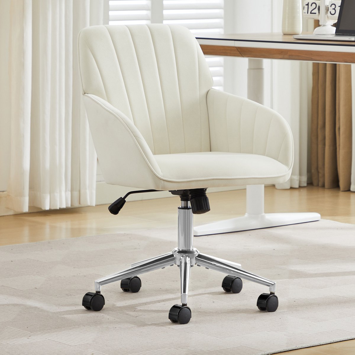 REDOM- Bureaustoel - Verstelbare zithoogte - 360 graden draaibaar - Met vaste armleuningen - Ergonomische rugleuning - Kantoor, werkkamer en slaapkamer - Fluweel - Wit - 97 x 60 cm